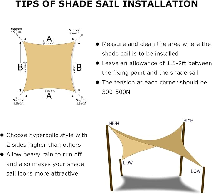 KANAGAWA Sun Shade Sail 16'x16' Sand Rectangle UV Block Canopy Awning Shelter - Image 6