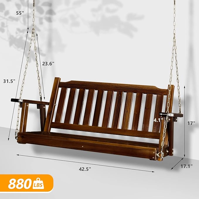 VINGLI Upgraded Heavy Duty 880 LBS 4 FT Patio Wooden Porch Swing Solid Fir Wood - Image 5