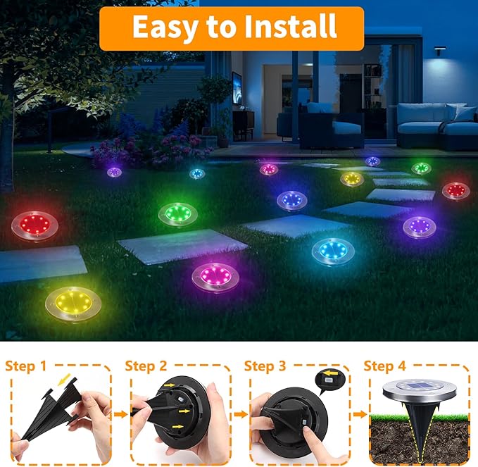 LYHOPE Solar Ground Light Outdoor, 16 Pack 8 LED Color Changing Solar Disk - Image 5