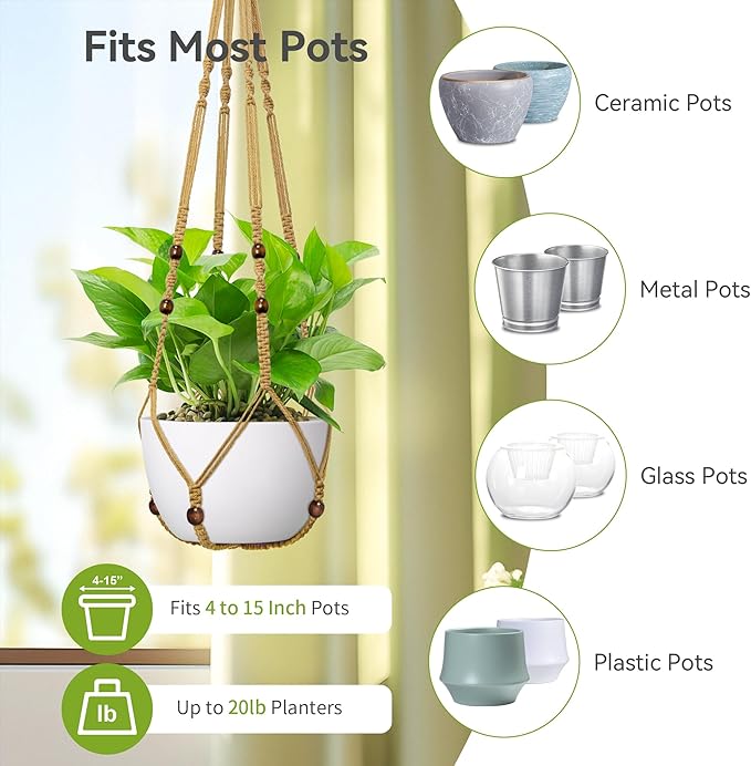 USLAI Macrame Plant Hanger Indoor Outdoor, Fits 4 to 15 Inch Pots, Strong - Image 3