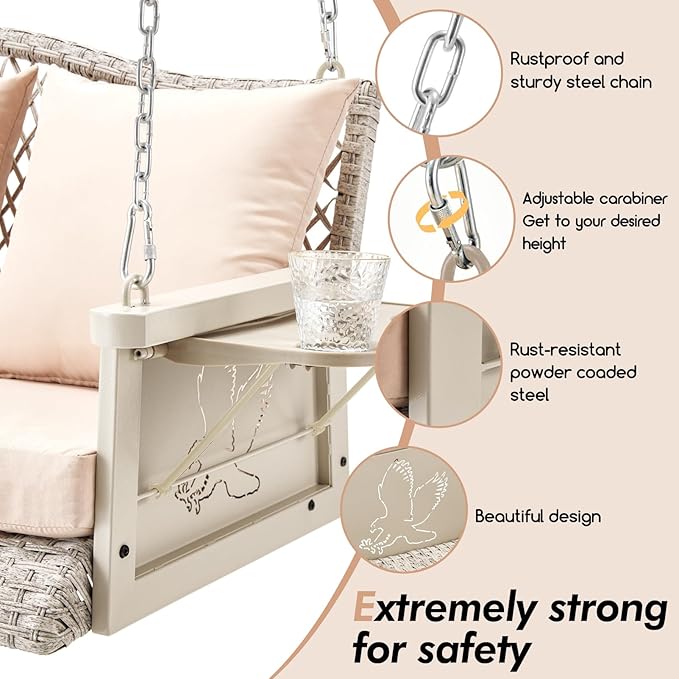Upgraded Wicker Hanging Porch Swing Heavy Duty 900 LBS 3-Seat Outdoor Patio - Image 4