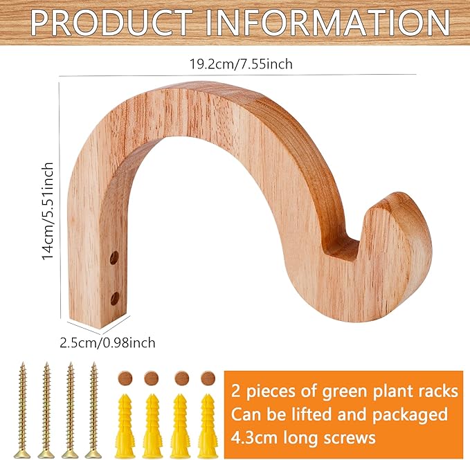 7-Inch Hanging Plant Brackets, Arc-Shaped Wooden Plant Hanger Indoor, Wall - Image 3