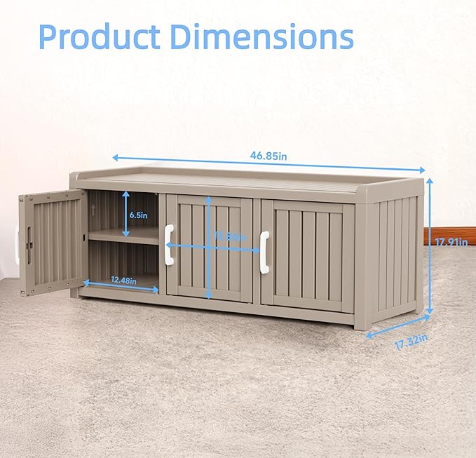 3 Doors Shoe Bench, Waterproof & UV-Resistant, Resin Shoe Cabinet Indoor & - Image 3