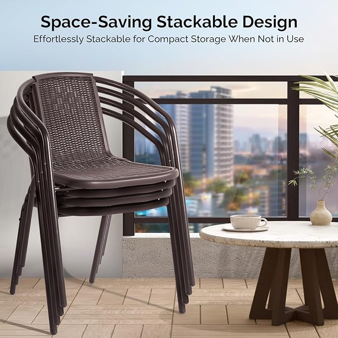 VINGLI PE Rattan Outdoor Dining Chairs Set of 2, Plastic Stackable Patio Chairs - Image 4