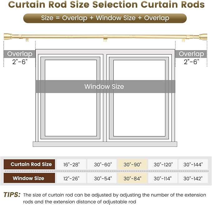 1” Diameter Gold Curtain Rod Itself is 30-90 Inch 2 Pack, Fit 30 to 84 Inch - Image 3