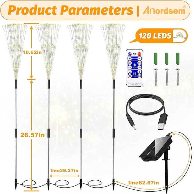 Anordsem Solar Fireworks Lights Outdoor: 4 Bendable Copper Wire 120 LEDs String - Image 2
