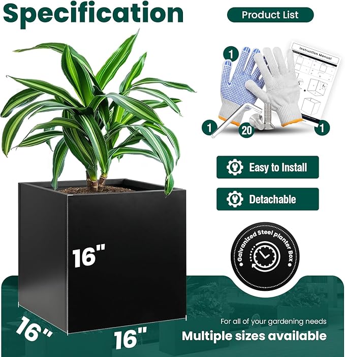 Galvanized Steel Planter Box Black Metal Planter 16Inch Square Indoor Outdoor - Image 2