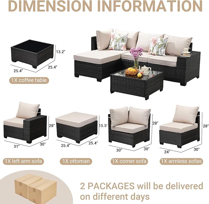 Jing's Villa 5-Piece Patio Furniture Set, All-Weather Outdoor Wicker Sectional - Image 7