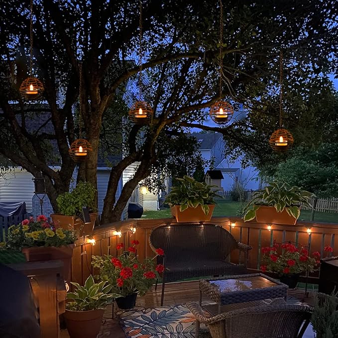 Solar Hanging Lanterns Outdoor Waterproof, Rust Iron Ball Candle Holder - Image 6
