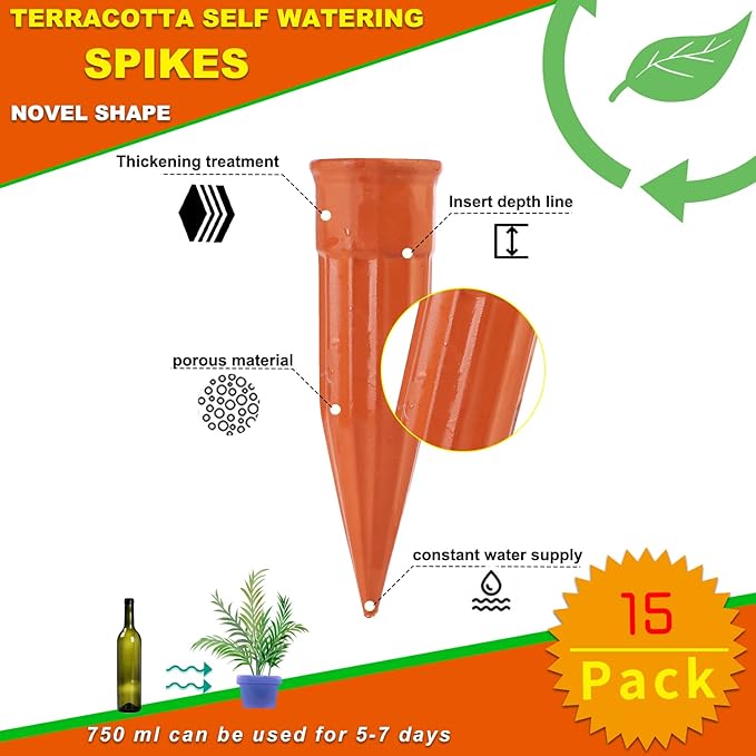 Plant Self-Watering Stakes-15 Pack Terracotta Automatic Plant Waterer Devices - Image 2