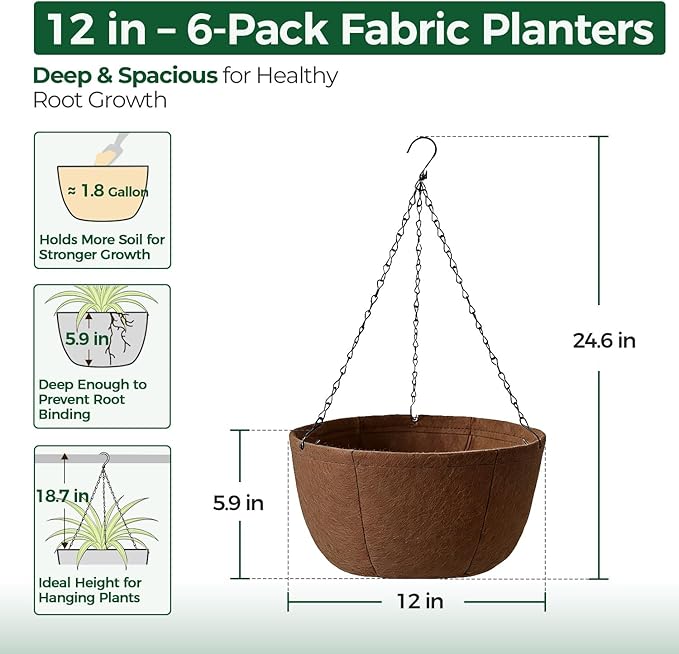 T4U Hanging Planters for Outdoor Plants, 12 Inch 6 Pack Fabric Hanging Baskets - Image 2