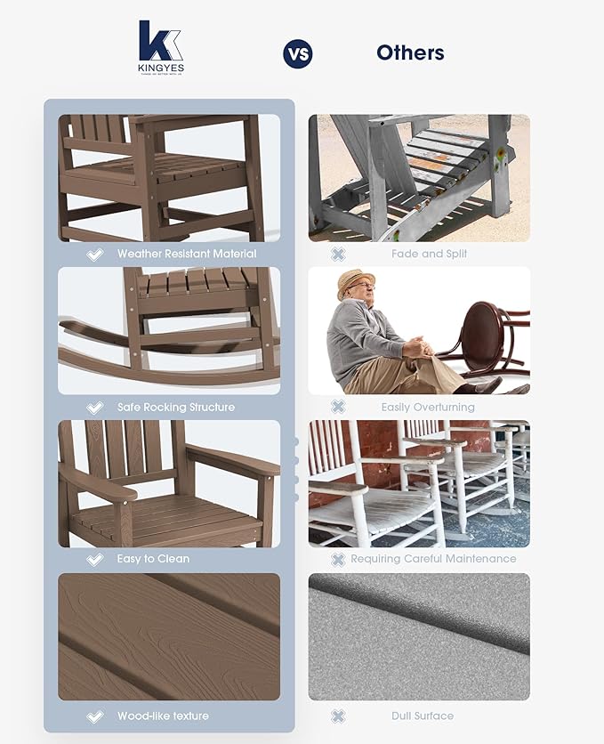 KINGYES HDPE Outdoor Rocking Chair Set of 4, Widened Seat Patio Rocking Chair - Image 6