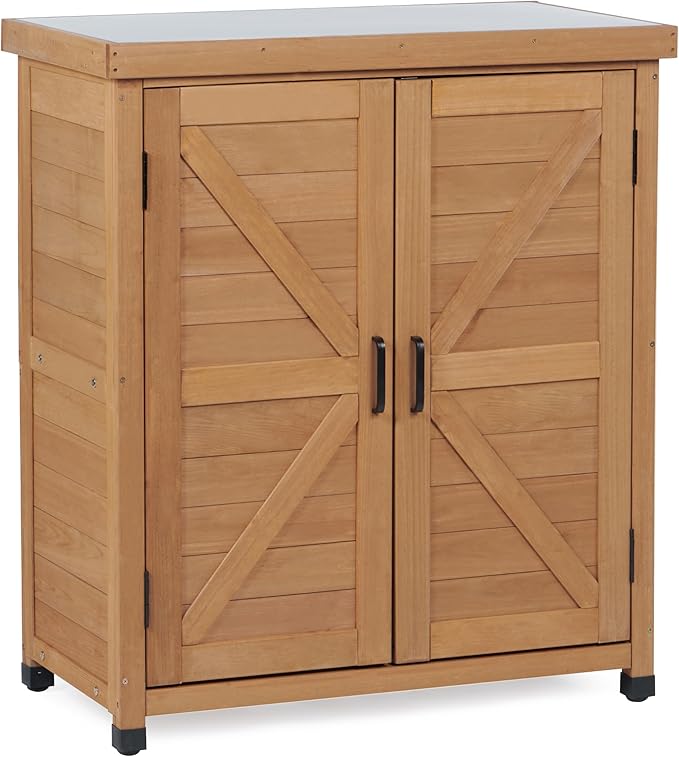 Outdoor Potting Bench with Storage Cabinet and Metal Top, Wood Workstation by Wood-Natrl