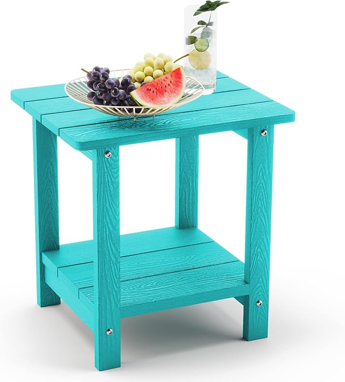 LUE BONA Adirondack Outdoor Side Table, 2-Tier Aruba Blue HDPS Patio End Table by LUEBONA