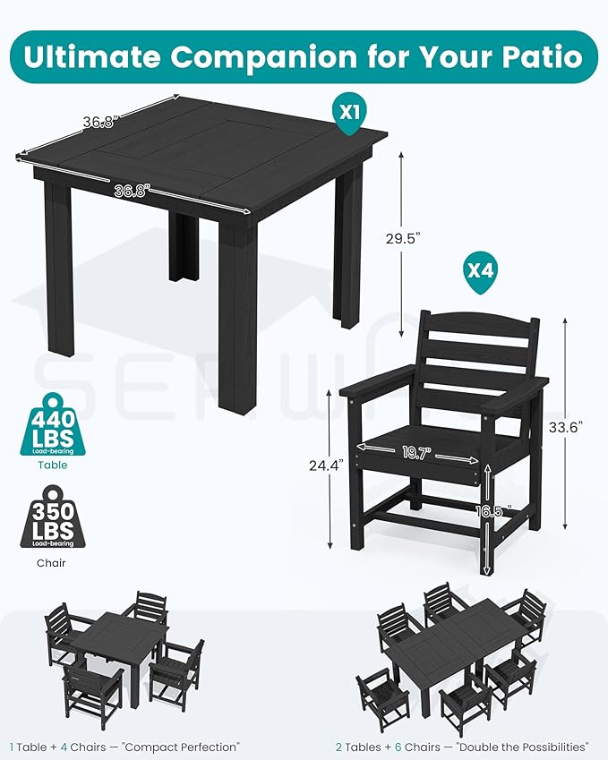 SERWALL Outdoor Dining Set for 4, HDPE Square Table and Chairs Set All Weather - Image 2