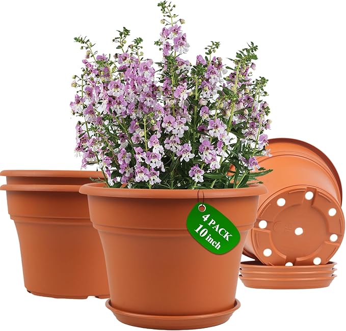10 Inch Plastic-Flower-Pot-for-Indoor-Plants, 4 Pack Large Outdoor Planter Pot by Pottiffe