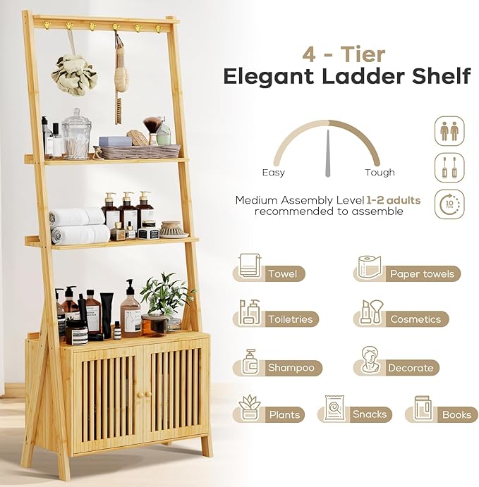 Bookcase with Drawers, 4-Tier Bamboo Bookshelf Ladder Shelf with 6 Hooks - Image 8