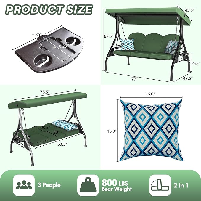 3 Seat Outdoor Porch Patio Swing - Image 7