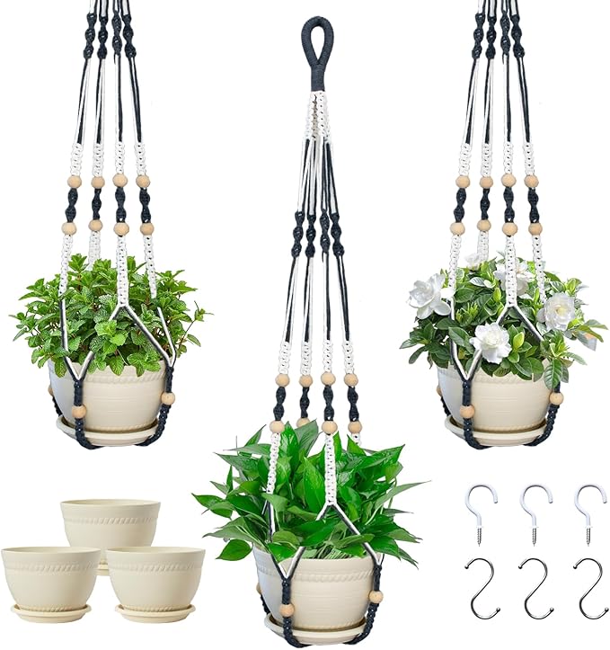 Macrame Plant Hanger with Pot, 3 Set Hanging Planters by Checrxy