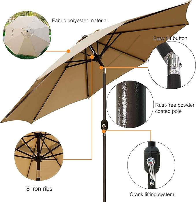 Blissun 9' Outdoor Patio Umbrella, Outdoor Table Umbrella, Yard Umbrella - Image 2