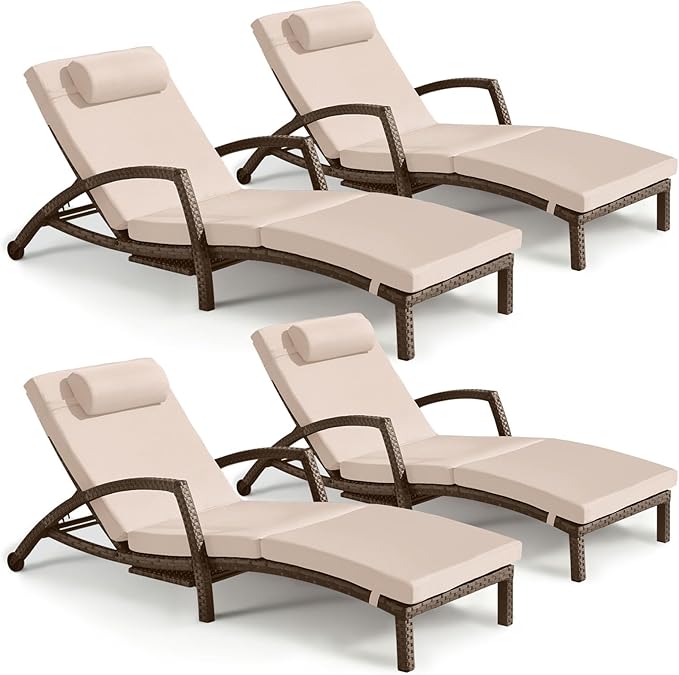 Chaise Lounge Chairs Outdoor Set of 4, Comfy Outside Wicker Patio Pool Lounge by ZZWHOM