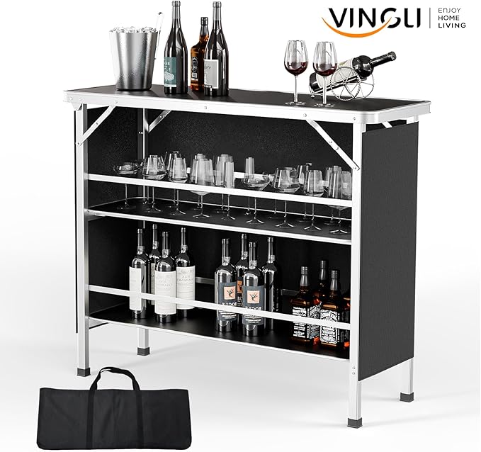 VINGLI 43" Portable Bar Table, 3-Tier Shelves, Mobile Bar Table - Image 3