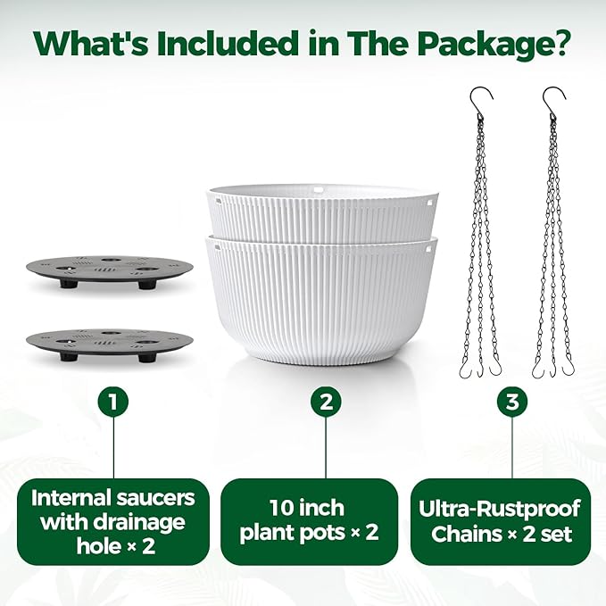 T4U 10 Inch Hanging Planters for Indoor Plants, 2 Pack White Self Watering - Image 6
