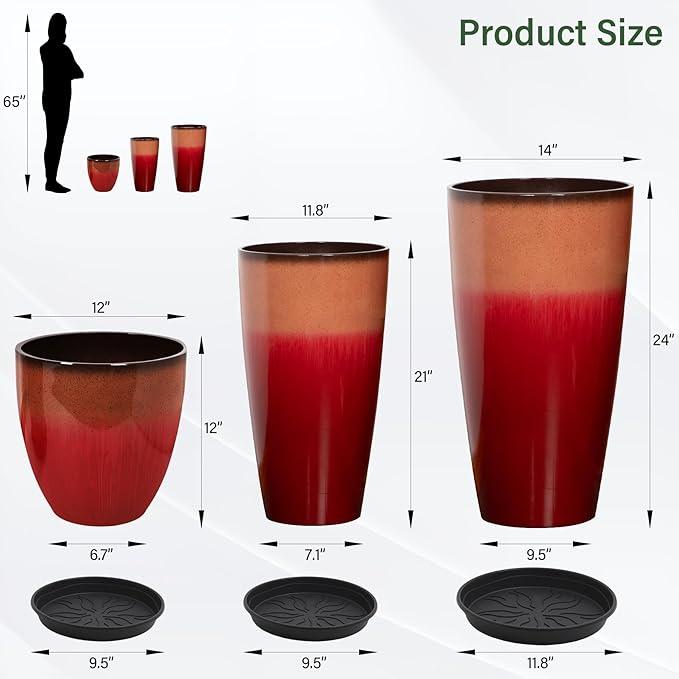 24/21/12 Inch Large Plastic Planter, Lightweight Ceramic-Look Tall Planters - Image 3