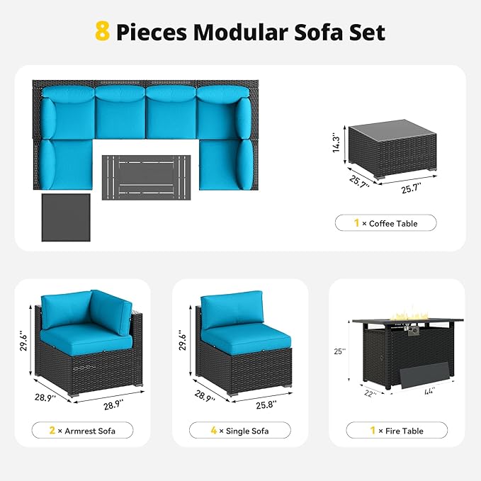 Aoxun Patio Furniture Set with Fire Pit Table, 8 Piece Outdoor Sectional Sofas - Image 6