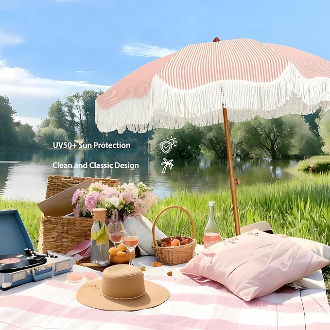 AMMSUN Boho Fringe Umbrella Outdoor Patio, 6.5ft UPF50+ Picnic Umbrella - Image 4