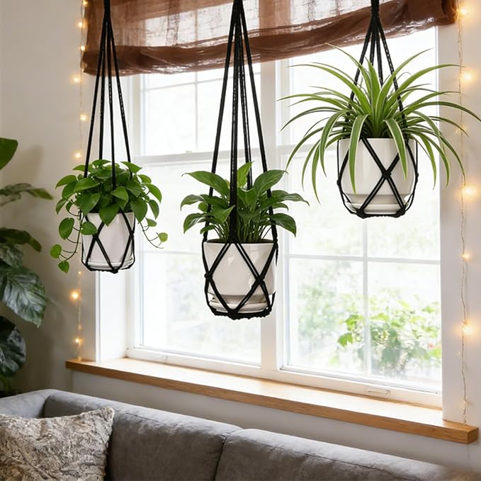 YIBOT 3 Pack Black Macrame Plant Hanger Indoor Hanging Planter Basket - Image 4