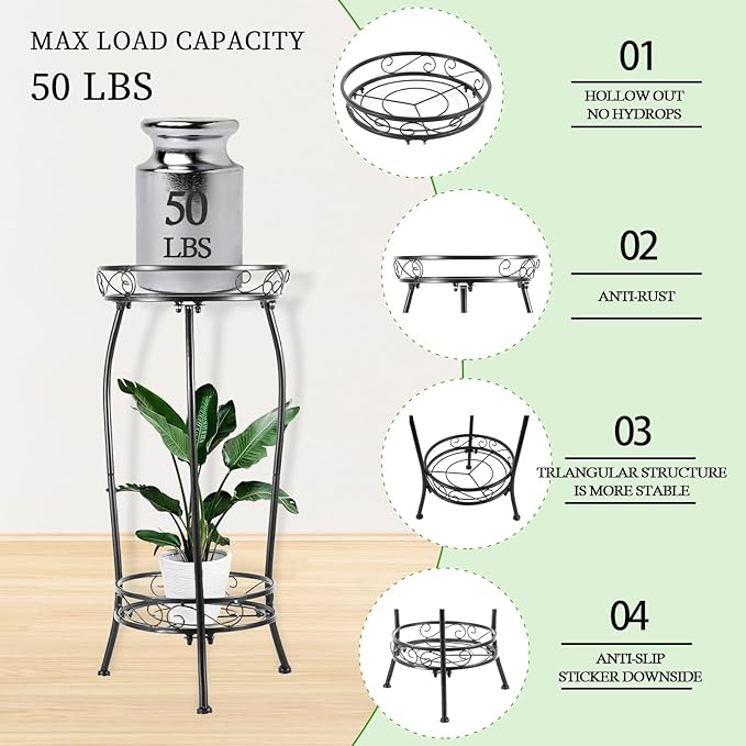 Plant Stand Indoor Outdoor，Tall Black Metal Rustproof Stable Plant Stands，2 - Image 3