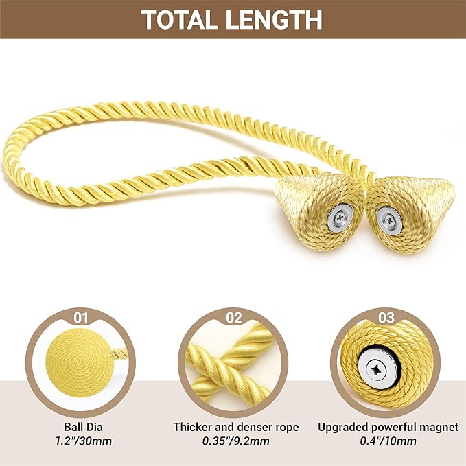 Hion Magnetic Curtain Tiebacks Golden 2pcs, Curtain Tiebacks Buckles Holdbacks - Image 3