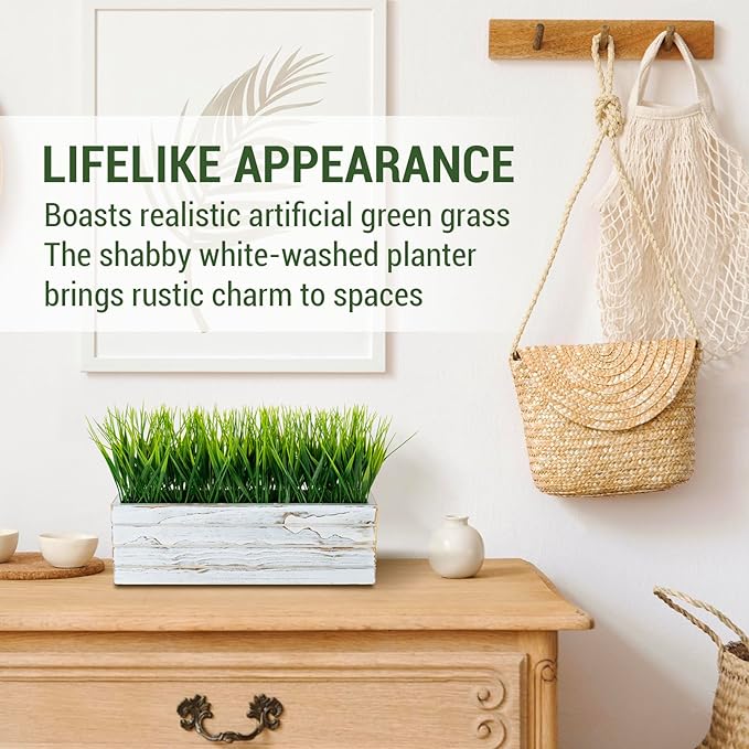 MyGift 14 Inch Artificial Green Grass Plant in Shabby White Washed Wood Planter - Image 2