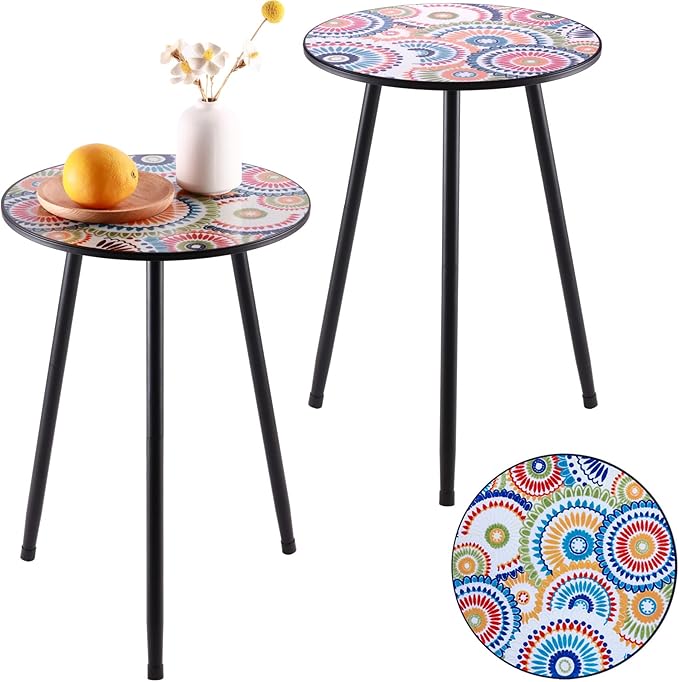 Party Zealot Metal Mosaic Round Side Table Set of Two 13.4" Small Outdoor Patio by PartyZealot