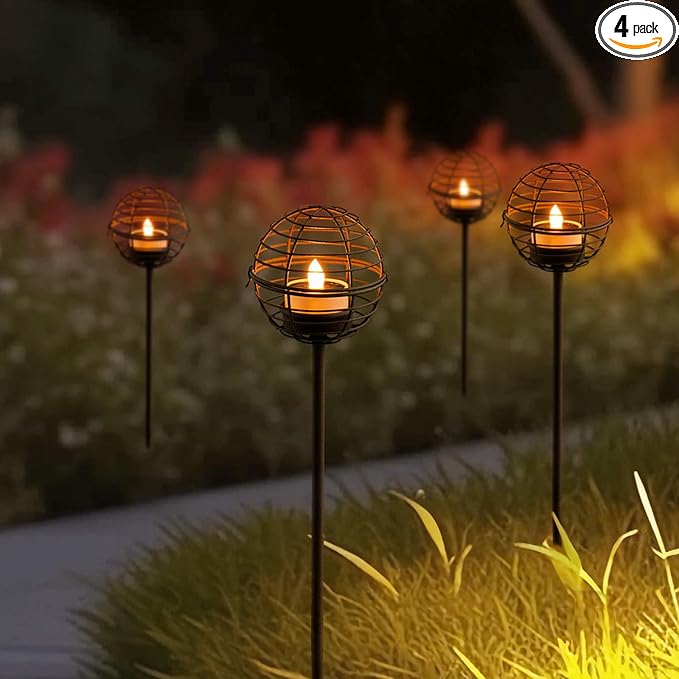 Solar Pathway Lights Outdoor, Rust Iron Ball Candle Holder Stake by TWINKVILLA