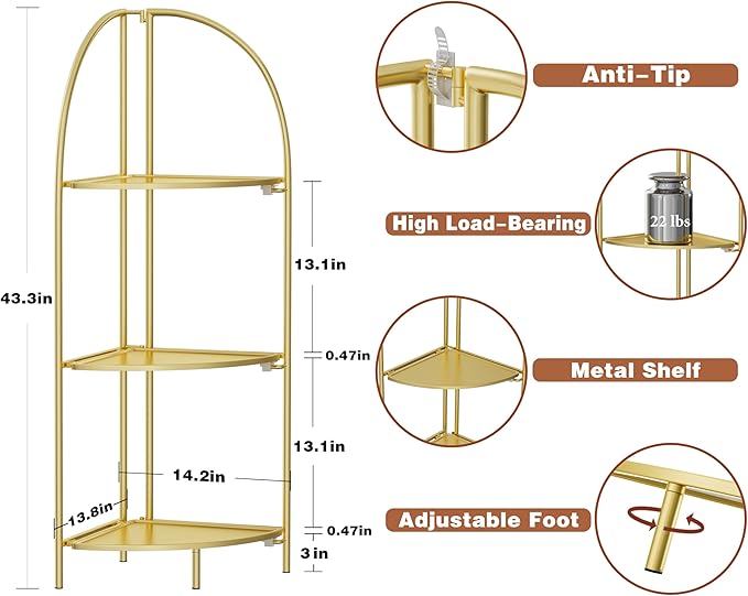 Crofy Foldable 3 Tier Corner Shelf, Metal Corner Plant Stand - Image 3