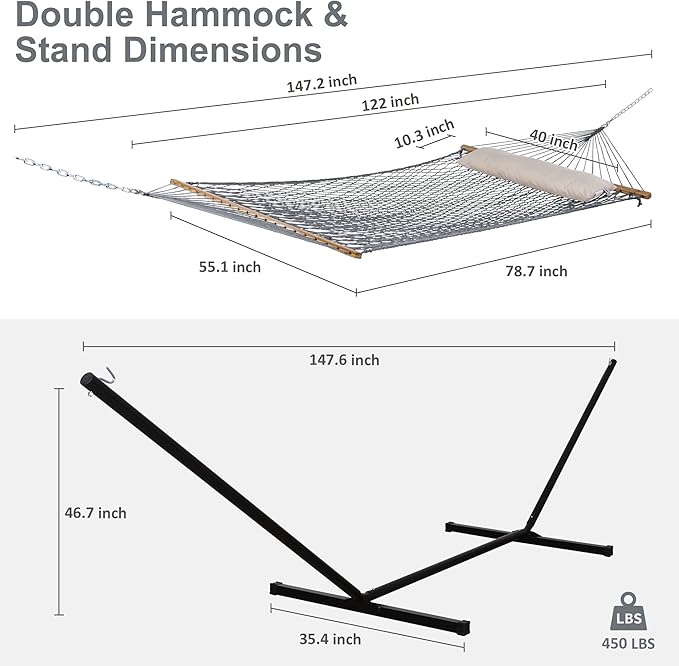 SUNCREAT Rope Hammock with Stand Included, Portable Double Hammock with Soft - Image 6