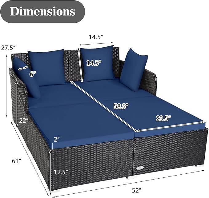 COSTWAY Outdoor Patio Rattan Daybed, Sponge Cushioned Loveseat Sofa - Image 3
