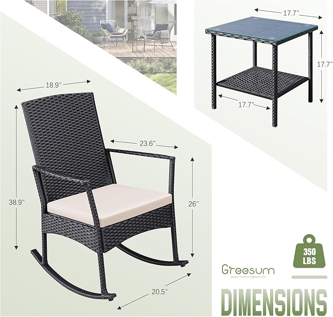 Greesum 3 Pieces Patio Furniture Set Outdoor Wicker Rocking Chairs - Image 6