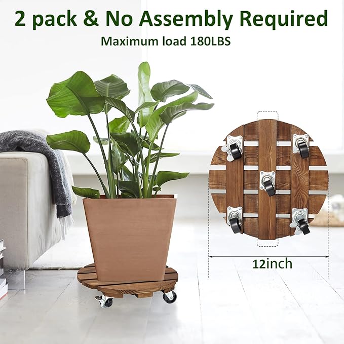 Yangbaga 2pack Plant Caddy 12’’Wood Duty Rolling Plant Stand - Image 3