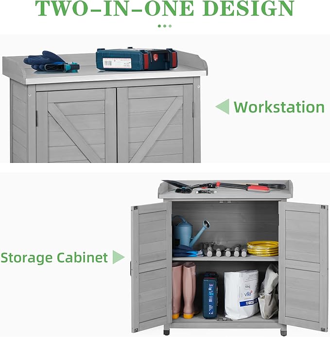 Outdoor Potting Bench with Storage Cabinet and Metal Top, Wood Workstation - Image 7