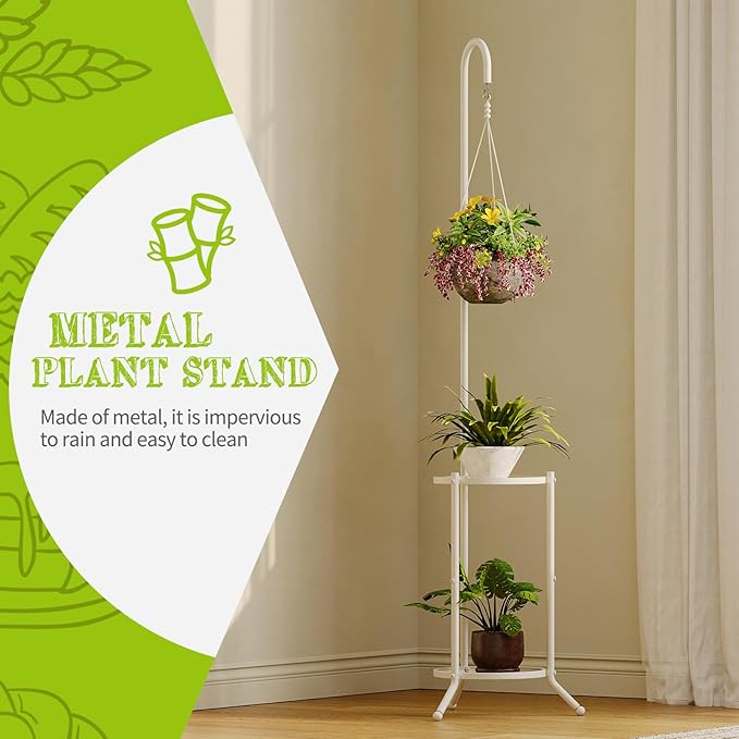 Plant Stand with Hooks Indoor Outdoor Corner Tall Plant Stand Heavy-Duty Metal - Image 2
