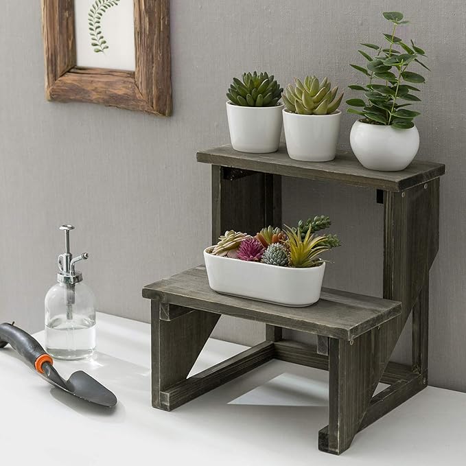 MyGift 2 Tier Rustic Dark Gray Wood Desktop Plant Rack, Farmhouse Style Planter - Image 2