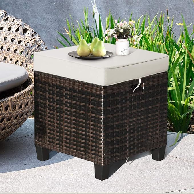 Tangkula 2 Pieces Outdoor Patio Ottoman, All Weather Rattan Wicker Ottoman Seat - Image 5