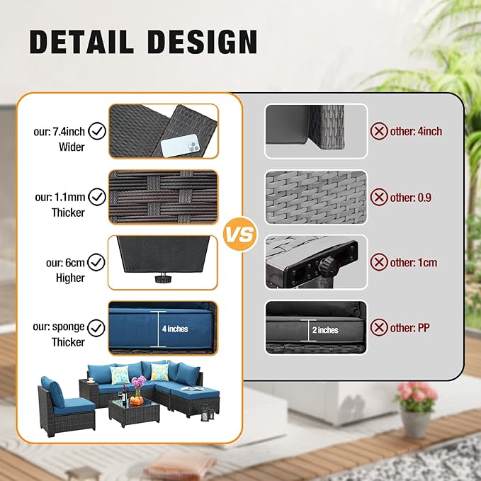 7 Pieces Patio Furniture Set All-Weather Outdoor Wicker Sectional Conversation - Image 3
