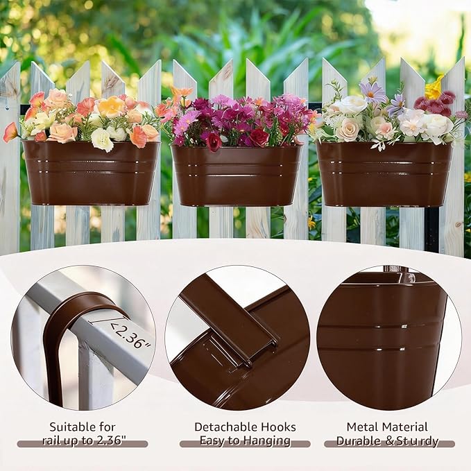 3 Pack Metal Railing Planters, 10.5" Oval Hanging Flower Pots - Image 4