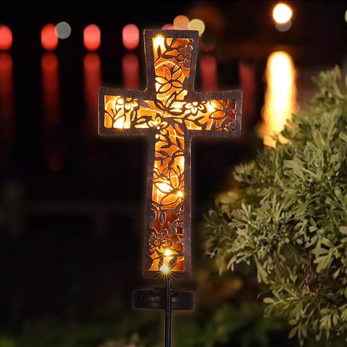 Solar Cross Garden Stake Lights 38inch Metal Outdoor Waterproof Memorial Garden - Image 6