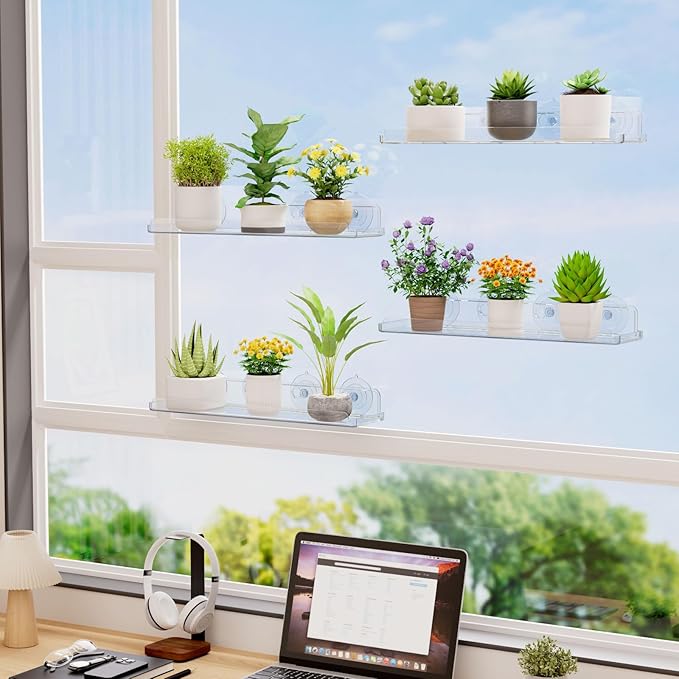 Lifewit Window Plant Floating Shelves 14.6x3.6, 4 Pack Acrylic Suction Cup Shelf - Image 2