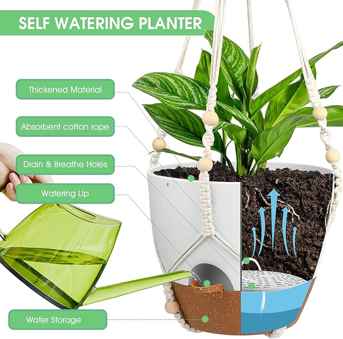 Hanging Planters for Indoor Outdoor Plants, 2 Pack Self Watering Hanging Pot - Image 3